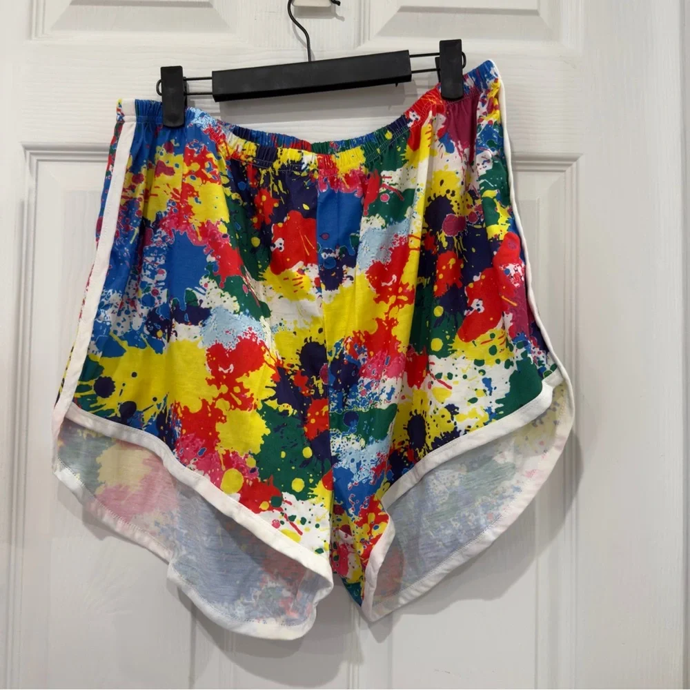 Rainbow Paint Splatter Effect Loose Fit Athletic Shorts w White Piping